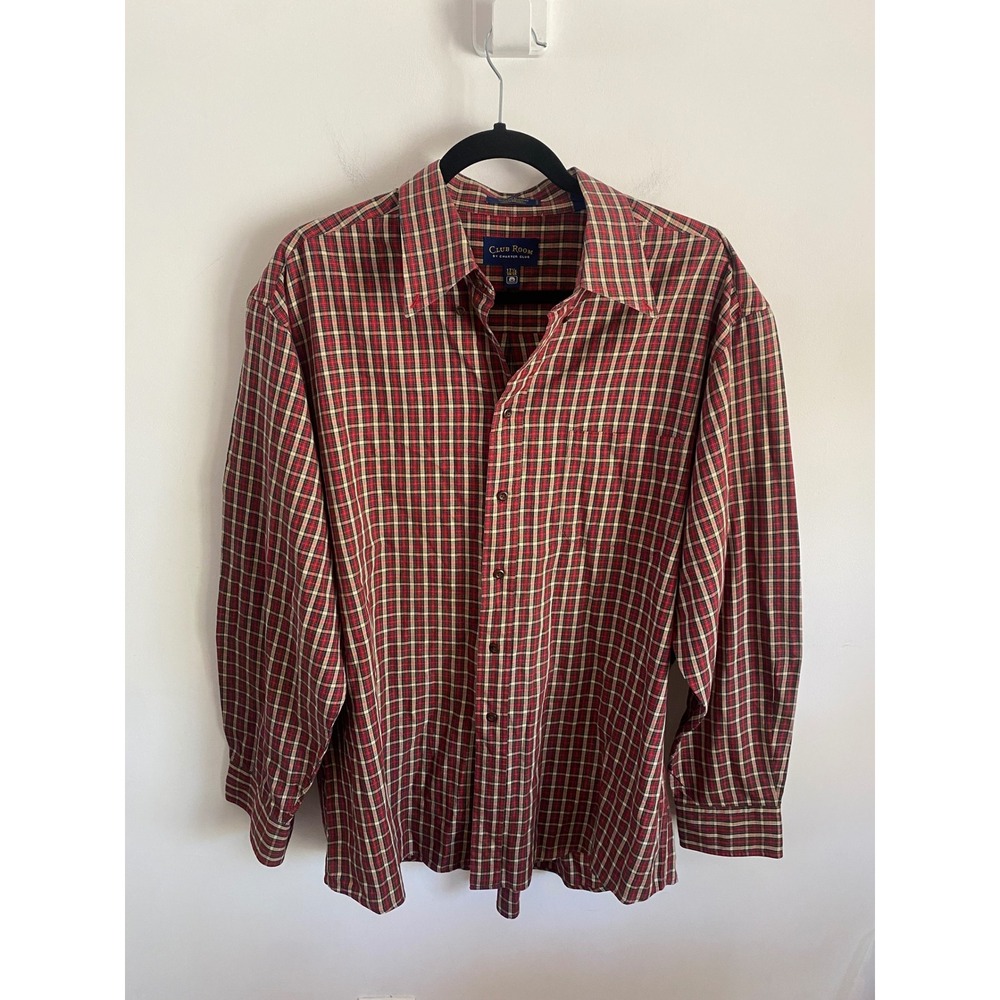 Club Room Mens Red Plaid Button Down Shirt 100% Cotton 17.5 34/35 Long Sleeve